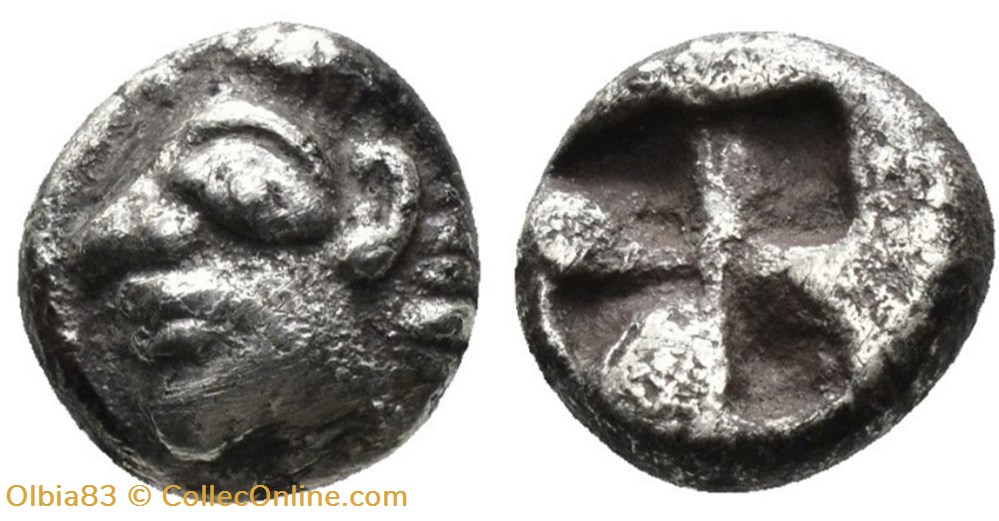 M-Colophon / Diobole / Tête achaique à gauche - Carré creux. monnaies antiques grecques m colophon diobole tete achaique a gauche carre creux