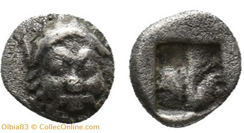 le de Lesbos-Tetartemorion-Tête barbue de Sylène - Carré creux. monnaies antiques grecques le de lesbos tetartemorion tete barbue de sylene carre creux