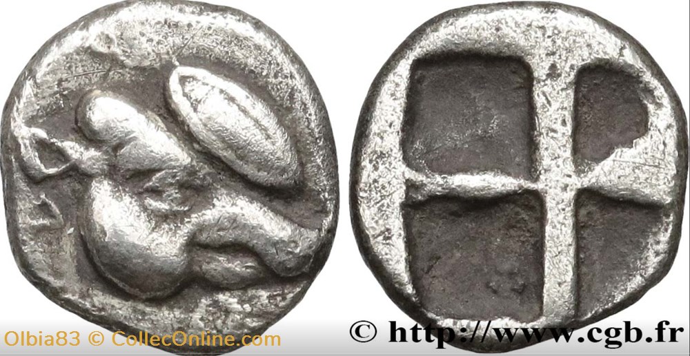 monnaies antiques grecques ile de lesbos obole tete de sanglier a droite devant un grain carre creux