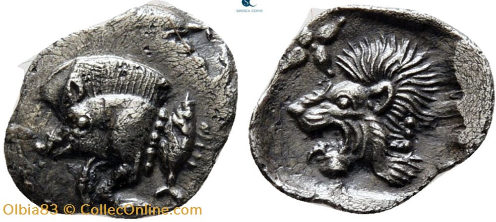 *Cyzique / Hémiobole / Protomé de sanglier à gauche - Tête de lion à gauche. monnaies antiques grecques cyzique hemiobole protome de sanglier a gauche tete de lion a gauche