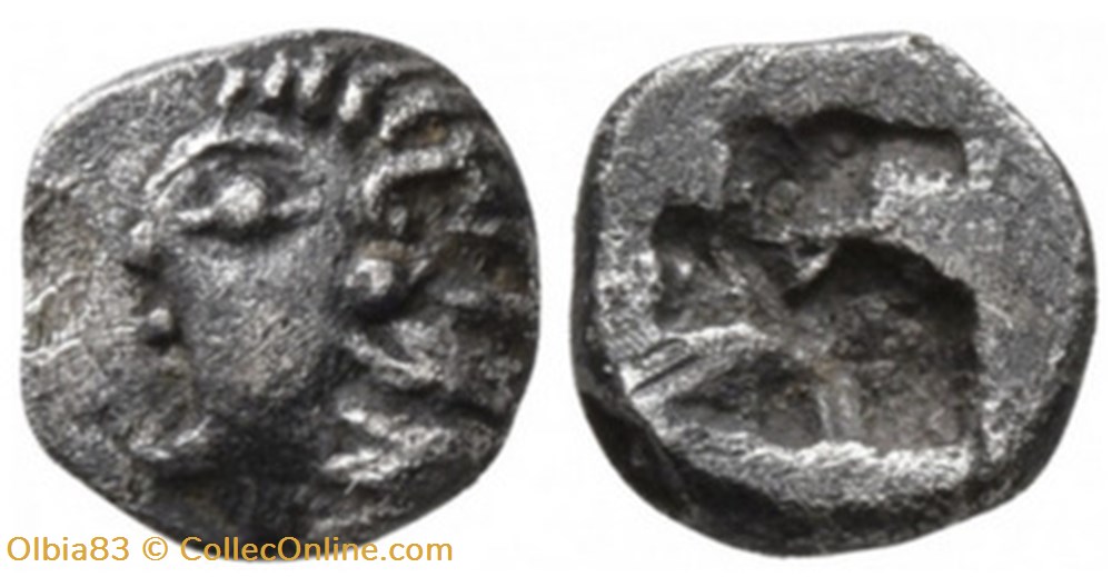 M-Colophon / Tetartemomorion / Tête d'Apollon à gauche - Carré creux. monnaies antiques grecques m colophon tetartemomorion tete apollon a gauche carre creux
