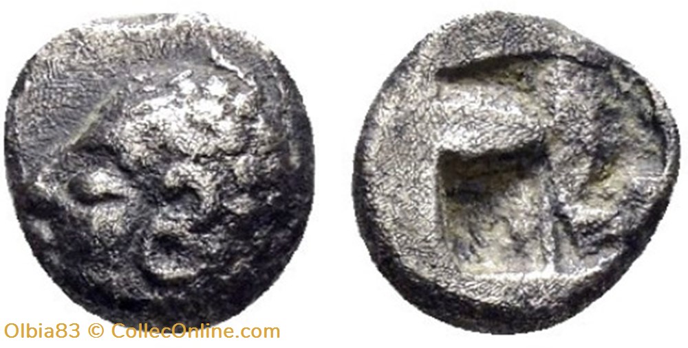 M-Colophon / Hémiobole / Tête chevelure globulée à gauche - Carré creux monnaies antiques grecques m colophon hemiobole tete chevelure globulee a gauche carre creux