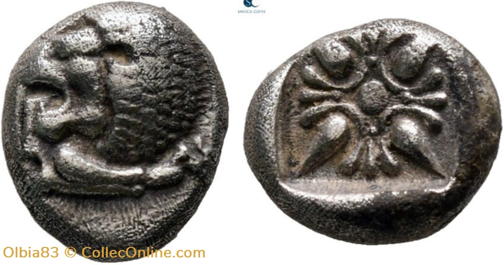 *Milet / Douzième de statère / Protomé de lion à gauche - Motif stéllaire monnaies antiques grecques milet douzieme de statere protome de lion a gauche motif stellaire