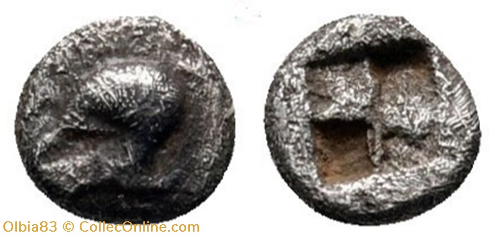 M Néandria / Tétartémorion / Casque à gauche - Carré creux monnaies antiques grecques m neandria tetartemorion casque a gauche carre creux