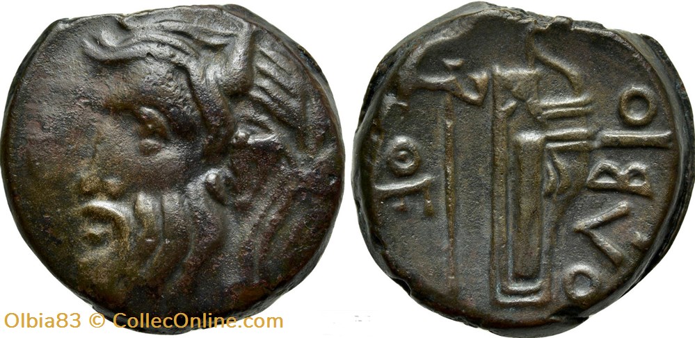 Sarmatie / Olbia / Unité / Tête barbue - Hache et arc dans son goryte. monnaies antiques grecques sarmatie olbia unite tete barbue hache et arc dans son goryte
