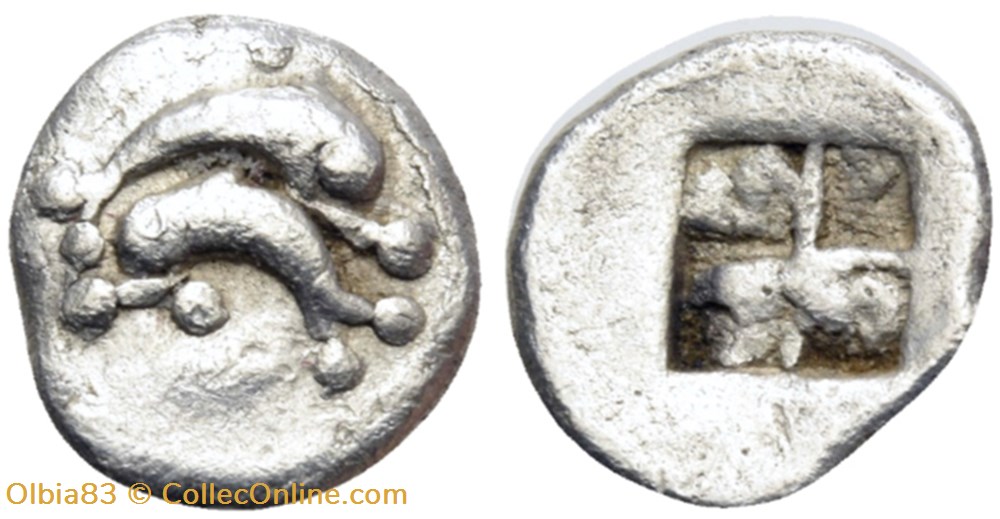 M Thasos / Obole / Deux dauphins superposés- Carré creux monnaies antiques grecques m thasos obole deux dauphins superposes carre creux