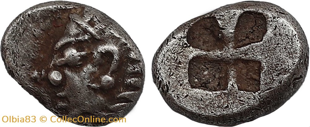 Colophon / Tetartemomorion / Tête d'Apollon à gauche - Carré creux monnaies antiques grecques colophon tetartemomorion tete apollon a gauche carre creux