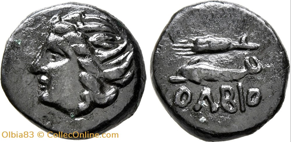 Sarmatie / Olbia / Demi Unité / Tête de Demeter - Epi de blé et Dauphin. monnaies antiques grecques sarmatie olbia demi unite tete de demeter epi de ble et dauphin