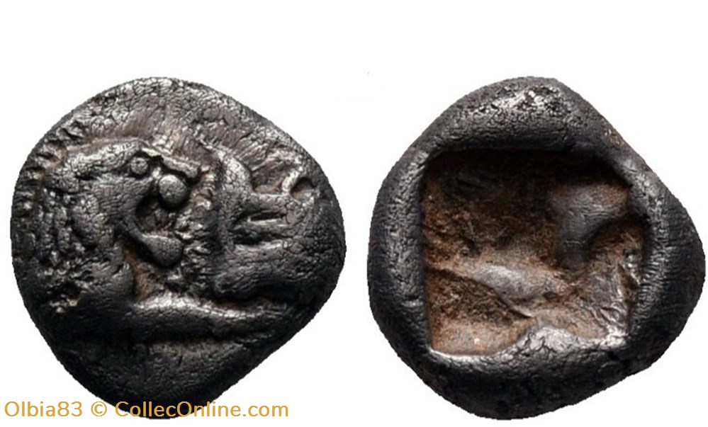 Royaume de Lydie / Douzieme de statère / Protomés de taureau et de lion affrontés. monnaies antiques grecques royaume de lydie douzieme de statere protomes de taureau et de lion affrontes