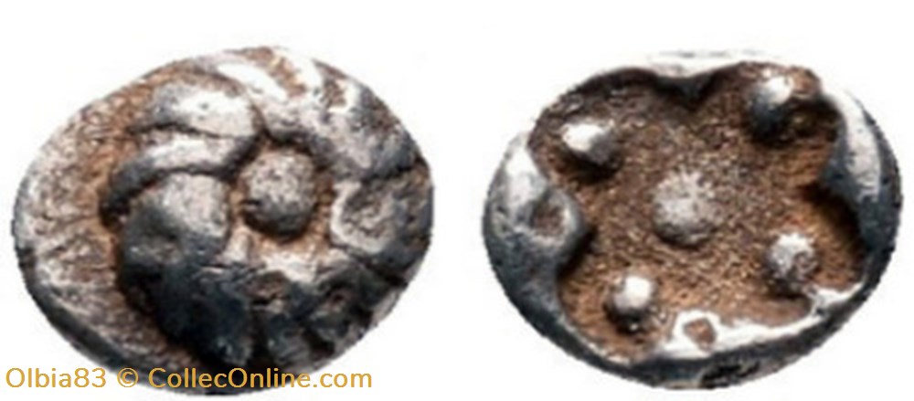 Erythrée / Tétartemorion / Rosette - Cruciforme en creux avec 5 Globules. monnaies antiques grecques erythree tetartemorion rosette cruciforme en creux avec 5 globules