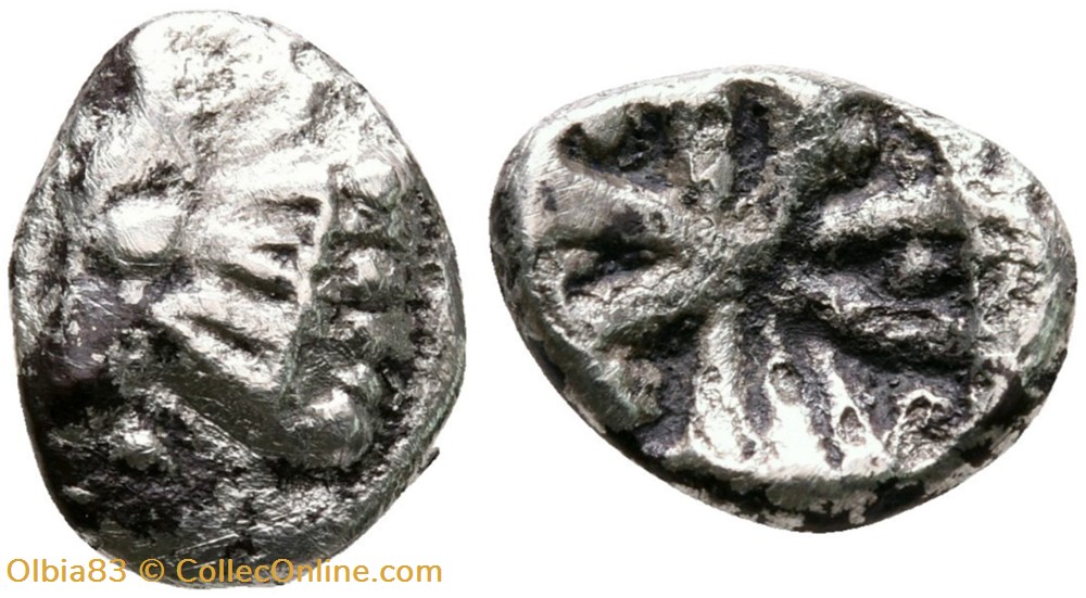 Asie Mineure / Incertaine / Diobobe / Tête de taureau - Carré creux multi-divisé. monnaies antiques grecques asie mineure incertaine diobobe tete de taureau carre creux multi divise