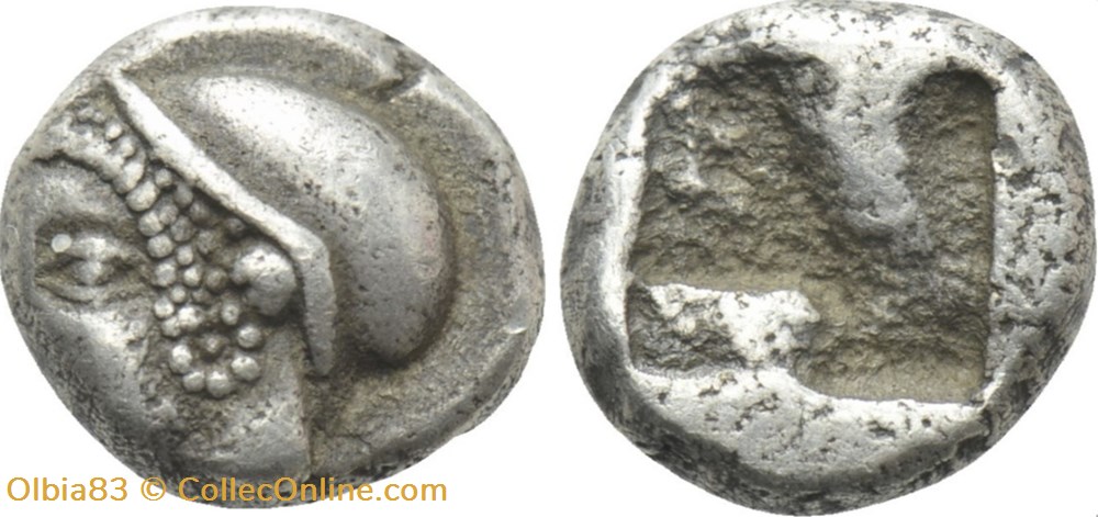Phocée / Diobole / Tête de femme portant un sakkos à gauche / Carré creux monnaies antiques grecques phocee diobole tete de femme portant un sakkos a gauche carre creux