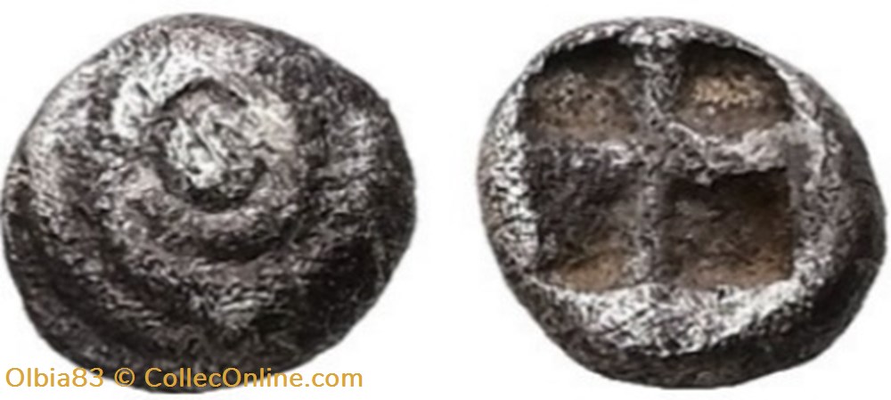 M Erythrée? - Trihémitartemorion - Spirale - Carré creux tripartite. monnaies antiques grecques m erythree trihemitartemorion spirale carre creux tripartite