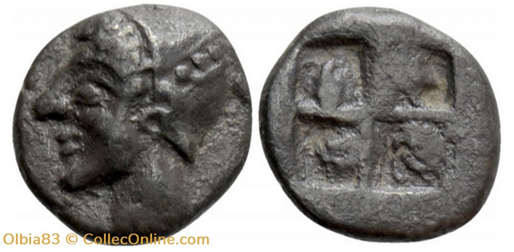 Phocée-Obole-Tête d'Athéna à gauche / Carré Quadripartite . monnaies antiques grecques phocee obole tete athena a gauche carre quadripartite