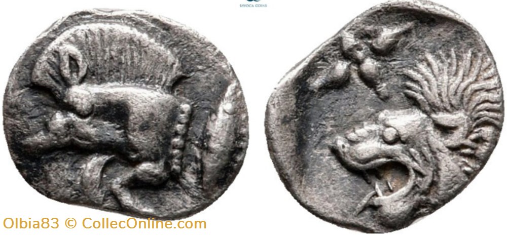 Cyzique / Hémiobole / Protomé de sanglier à gauche - Tête de lion à gauche. monnaies antiques grecques cyzique hemiobole protome de sanglier a gauche tete de lion a gauche