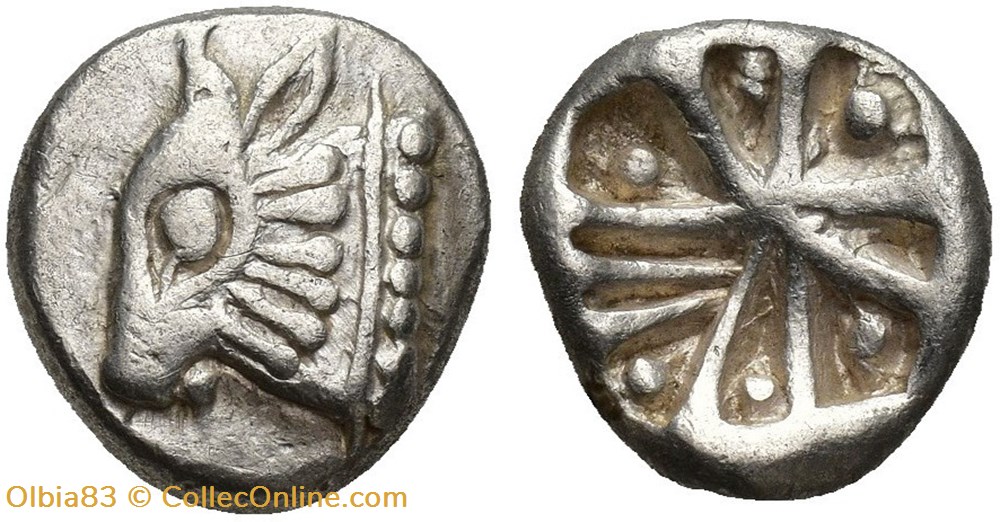 Asie Mineure / Incertaine / Tetrobole / Tête de taureau - Carré creux multi-divisé. monnaies antiques grecques asie mineure incertaine tetrobole tete de taureau carre creux multi divise