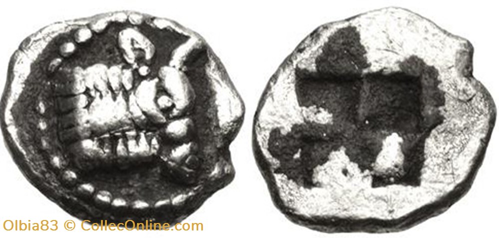 Acanthe-Hémiobole-Tête et cou de bœuf à droite - Carré creux. monnaies antiques grecques acanthe hemiobole tete et cou de b uf a droite carre creux