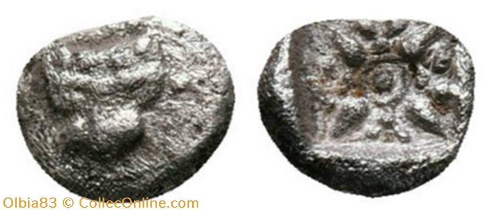 M Milet / 1/64 eme de statère / Tête de Lion - Motif Stéllaire dans carré creux monnaies antiques grecques m milet 1 64 eme de statere tete de lion motif stellaire dans carre creux