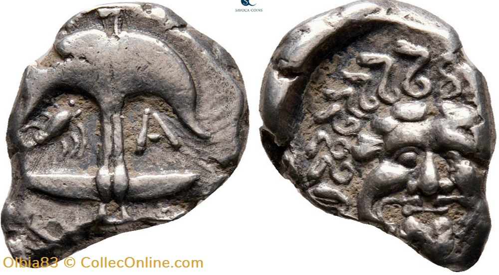 Apollonia Pontica / Drachme / Ancre renversée, écrevisse, A - Tête de Méduse. monnaies antiques grecques apollonia pontica drachme ancre renversee ecrevisse a tete de meduse