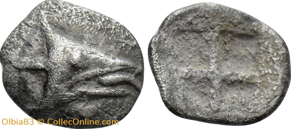 M Cyzique / Hemiobole / Tête de thon à droite - Carré creux monnaies antiques grecques m cyzique hemiobole tete de thon a droite carre creux
