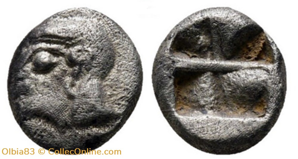 Colophon / Obole / Tête d'Apollon à gauche - Carré creux monnaies antiques grecques colophon obole tete apollon a gauche carre creux