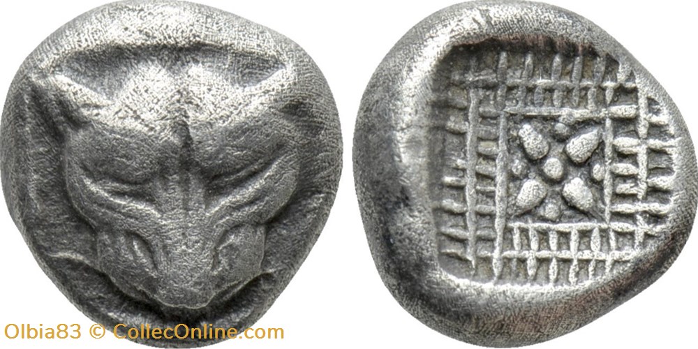 M-Milet / 1/8 eme de statère / Tête de Lion - Motif floral et treillis dans un carré creux monnaies antiques grecques m milet 1 8 eme de statere tete de lion motif floral et treillis dans un carre creux