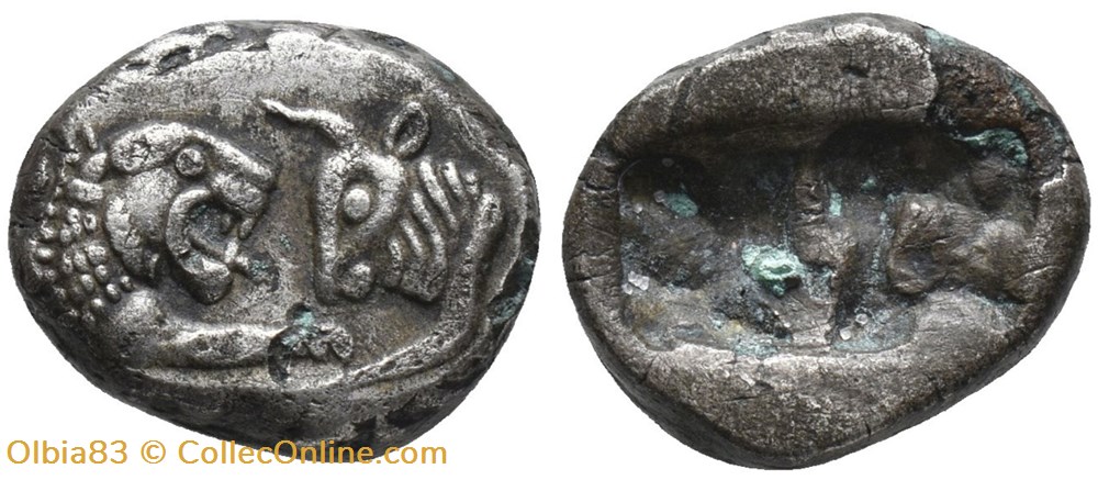 Royaume de Lydie / Hémistatère / Protomés de taureau et de lion - Faux d'époque. monnaies antiques grecques royaume de lydie hemistatere protomes de taureau et de lion faux epoque