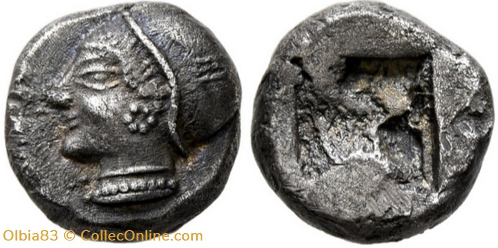 M Phocée-Diobole-Tête de femme portant un sakkos à gauche / Carré creux monnaies antiques grecques m phocee diobole tete de femme portant un sakkos a gauche carre creux