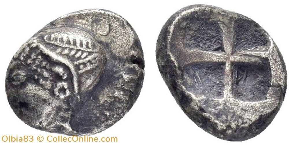 *Ionie / Phocée / Diobole / Tête de femme portant un sakkos à gauche - Carré creux. monnaies antiques grecques ionie phocee diobole tete de femme portant un sakkos a gauche carre creux