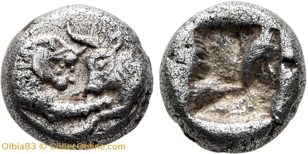 Royaume de Lydie / Douzieme de statère / Protomés de taureau et de lion affrontés. monnaies antiques grecques royaume de lydie douzieme de statere protomes de taureau et de lion affrontes