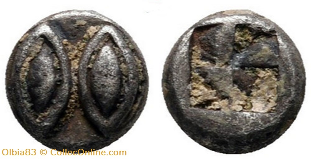 Ile de Lesbos / 1/36 eme de statère / Deux yeux (ou deux graines) - Carré creux. monnaies antiques grecques ile de lesbos 1 36 eme de statere deux yeux ou deux graines carre creux