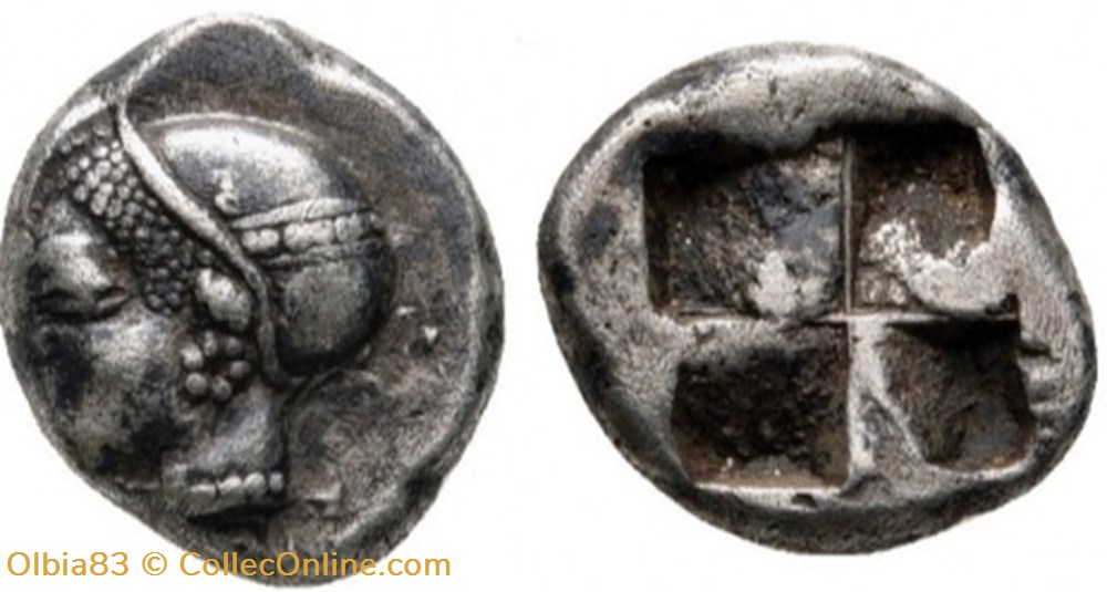 *Phocée / Diobole / Tête de femme portant un sakkos à gauche / Carré creux monnaies antiques grecques phocee diobole tete de femme portant un sakkos a gauche carre creux