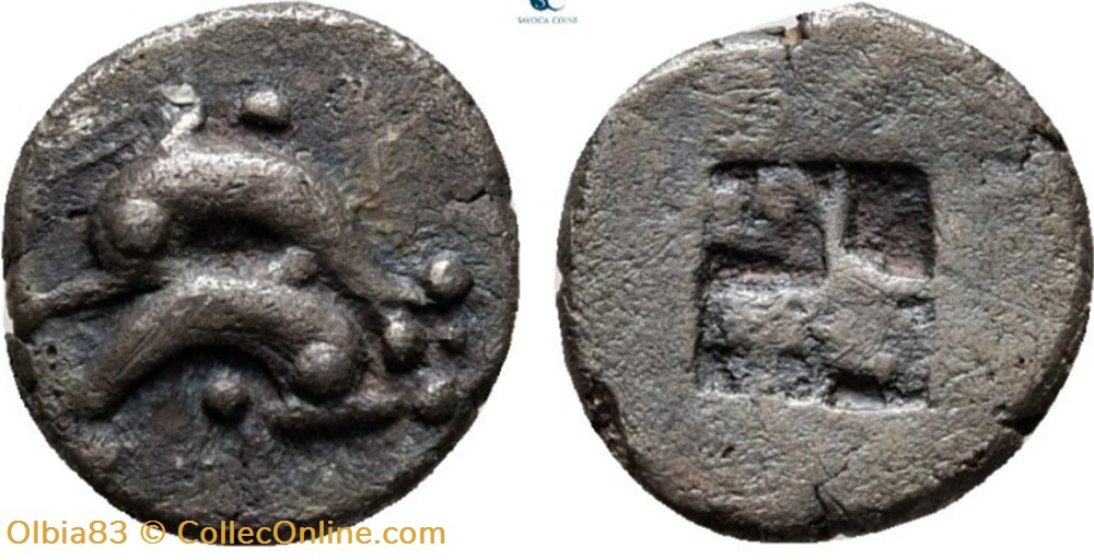 M-Thasos / Obole / Deux dauphins superposés- Carré creux monnaies antiques grecques m thasos obole deux dauphins superposes carre creux