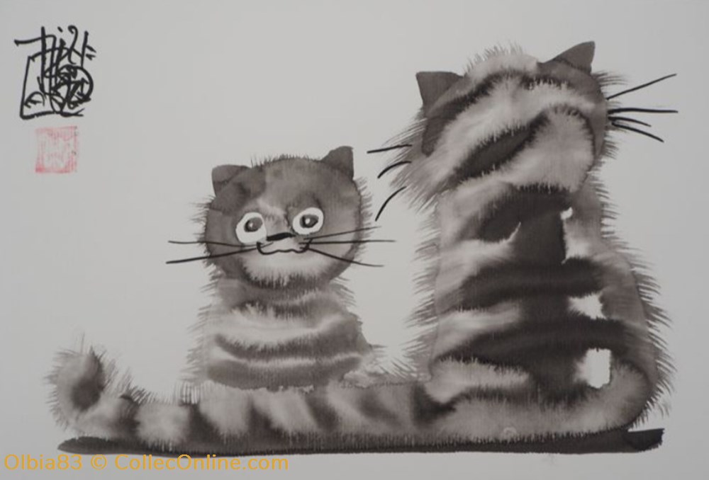 " The Cat Brothers " art antiquites peintures dessins techniques mixtes the cat brothers