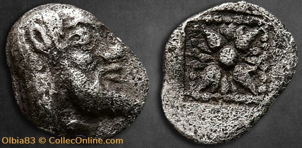 *Thraco Macedoine - Incertaine / Hémiobole / Satyre à droite - Motif stellaire. monnaies antiques grecques thraco macedoine incertaine hemiobole satyre a droite motif stellaire