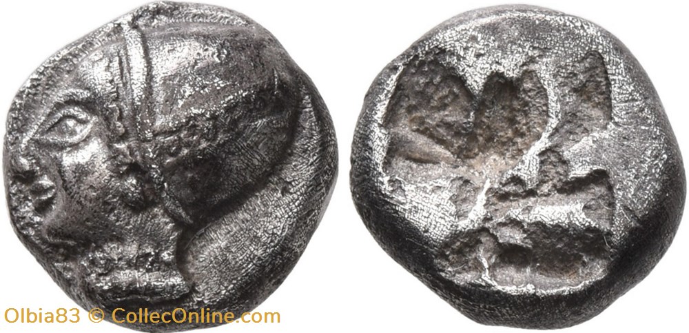 *Phocée-Diobole-Tête de nymphe à gauche / Carré creux . monnaies antiques grecques phocee diobole tete de nymphe a gauche carre creux