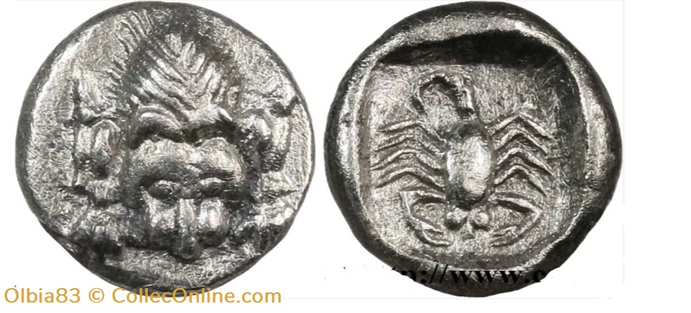 *Mylasia - Hémiobole - Dépouille de lion - Scorpion. monnaies antiques grecques mylasia hemiobole depouille de lion scorpion