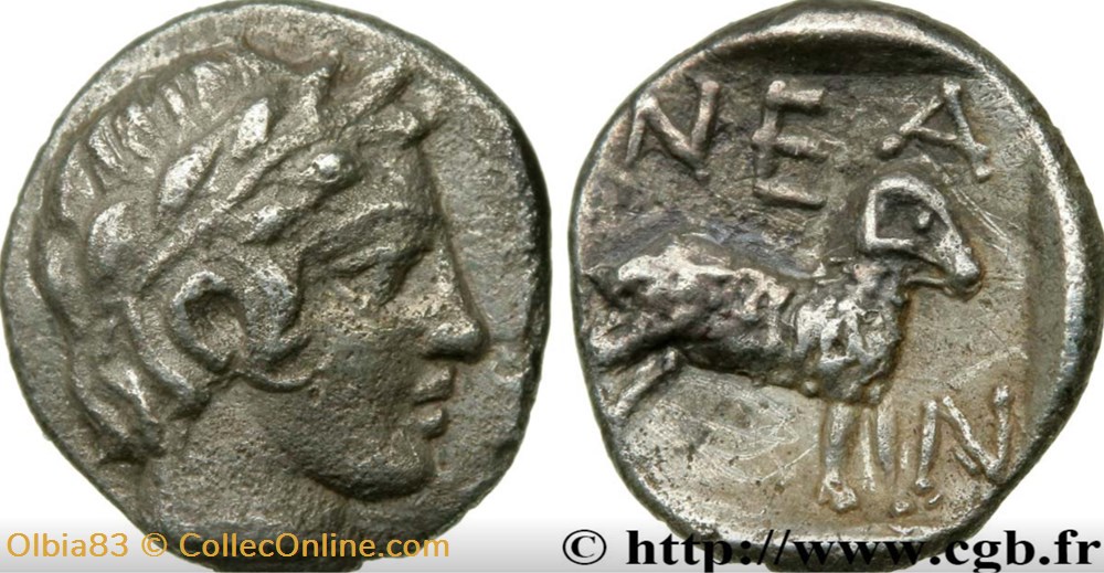 monnaies antiques grecques m neandria obole tete lauree d apollon belier a droite n e a n