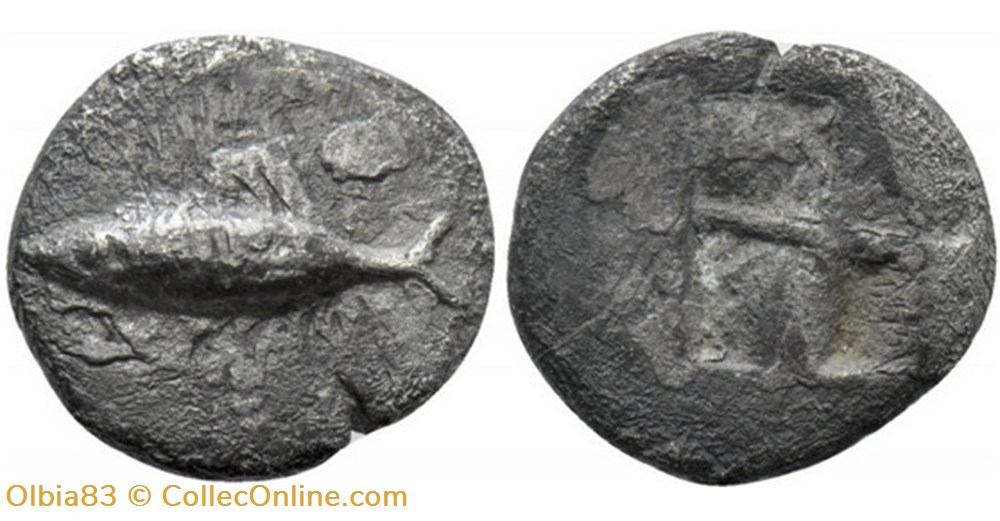 Cyzique / Obole / Thon nageant à gauche - Carré creux monnaies antiques grecques cyzique obole thon nageant a gauche carre creux