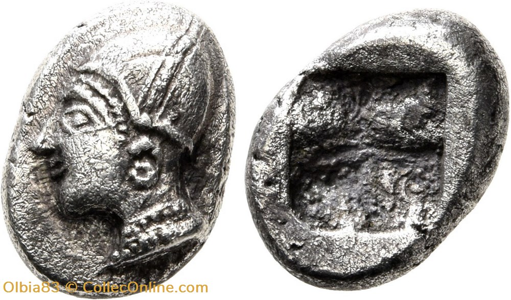 Phocée-Diobole-Tête de nymphe à gauche / Carré creux . monnaies antiques grecques phocee diobole tete de nymphe a gauche carre creux