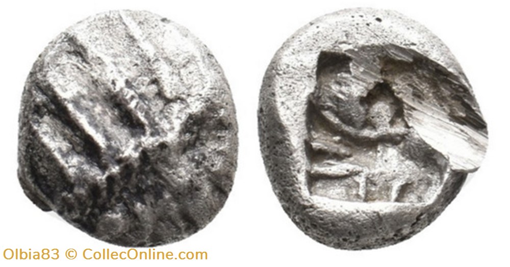 Asie Mineure-Incertaine-Diobole-Face à tête de lion, coiffé d'une couronne radiée / Carré creux. monnaies antiques grecques asie mineure incertaine diobole face a tete de lion coiffe une couronne radiee carre creux