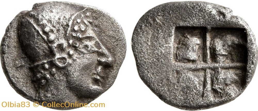 Phocée-Diobole-Tête de nymphe à gauche / Carré creux . monnaies antiques grecques phocee diobole tete de nymphe a gauche carre creux
