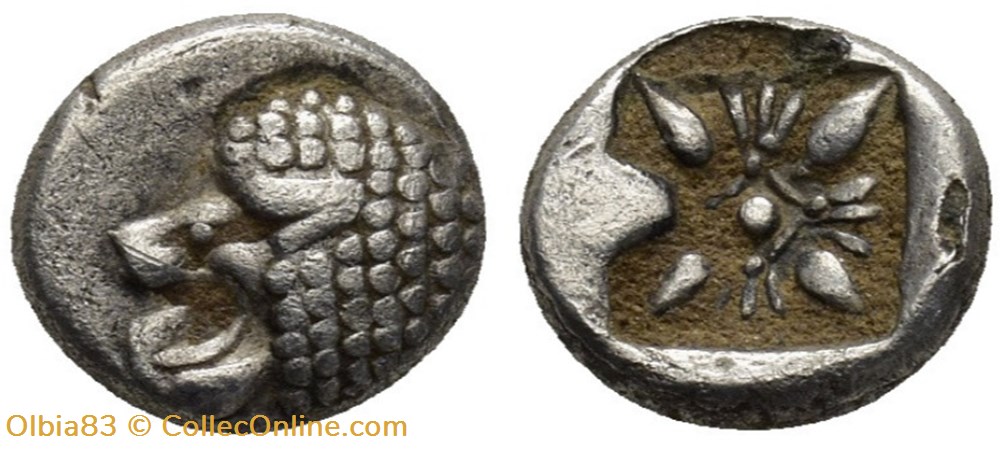 Milet / Douzième de statère / Protomé de lion à gauche - Étoile à quatre rais. monnaies antiques grecques milet douzieme de statere protome de lion a gauche etoile a quatre rais