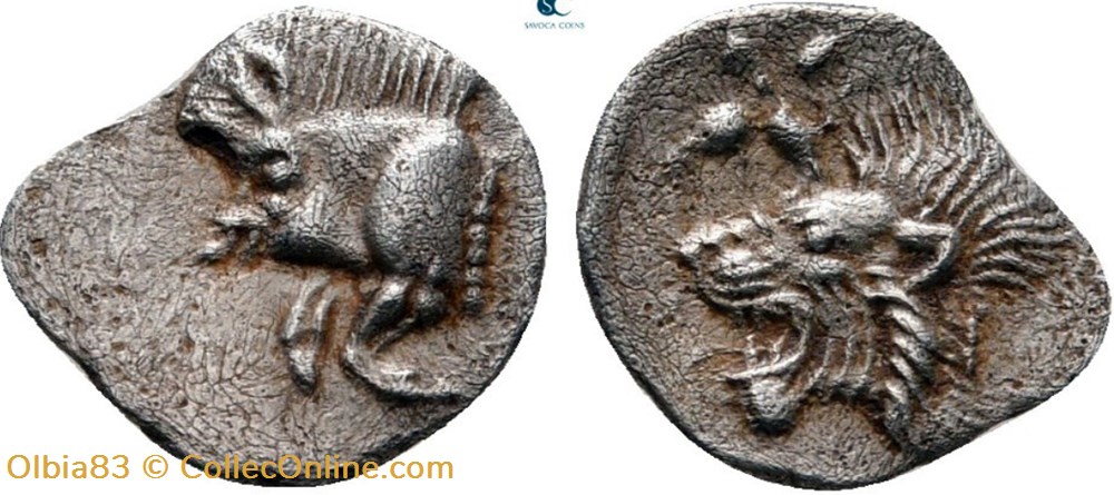 monnaies antiques grecques cyzique hemiobole protome de sanglier a gauche tete de lion a gauche
