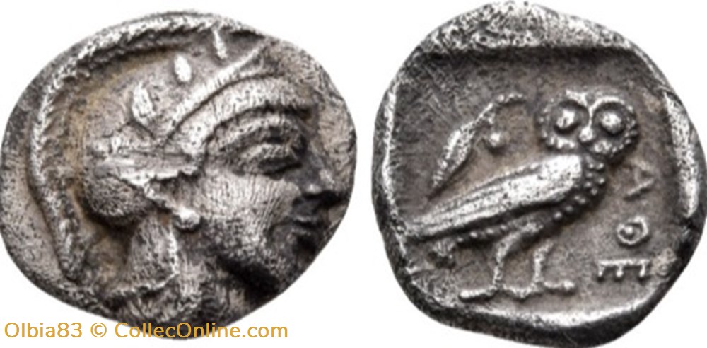 Athènes / Obole / Tête d'Athéna à droite - Chouette debout de face. monnaies antiques grecques athenes obole tete athena a droite chouette debout de face