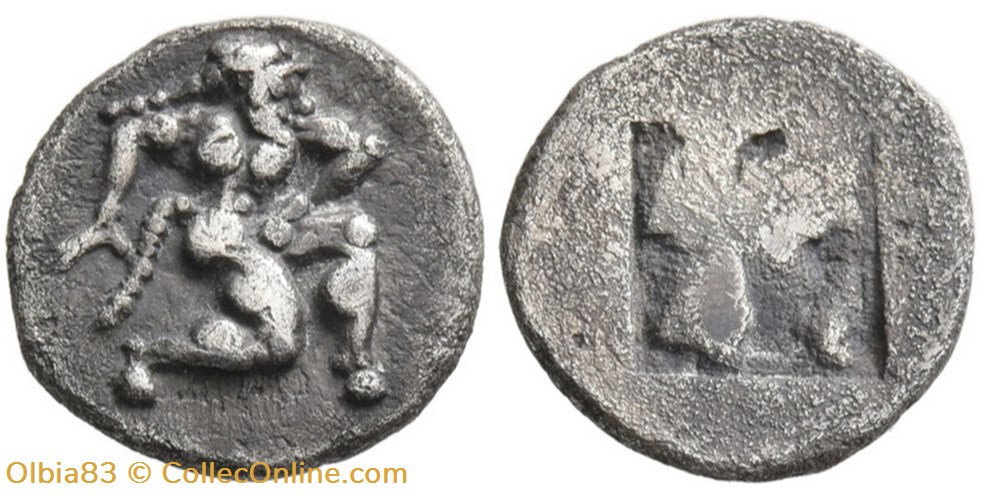 Thasos / 1/10 eme de statère ou Trihémiobole / Satyre - Carré creux. monnaies antiques grecques thasos 1 10 eme de statere ou trihemiobole satyre carre creux