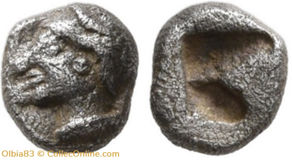 Phocée-Hemitetartemorion-Tête de femme portant un sakkos à gauche / Carré creux. monnaies antiques grecques phocee hemitetartemorion tete de femme portant un sakkos a gauche carre creux