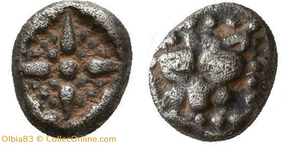 M Milet / 1/32 eme de statère / Tête de Lion - Motif Stéllaire dans carré creux monnaies antiques grecques m milet 1 32 eme de statere tete de lion motif stellaire dans carre creux