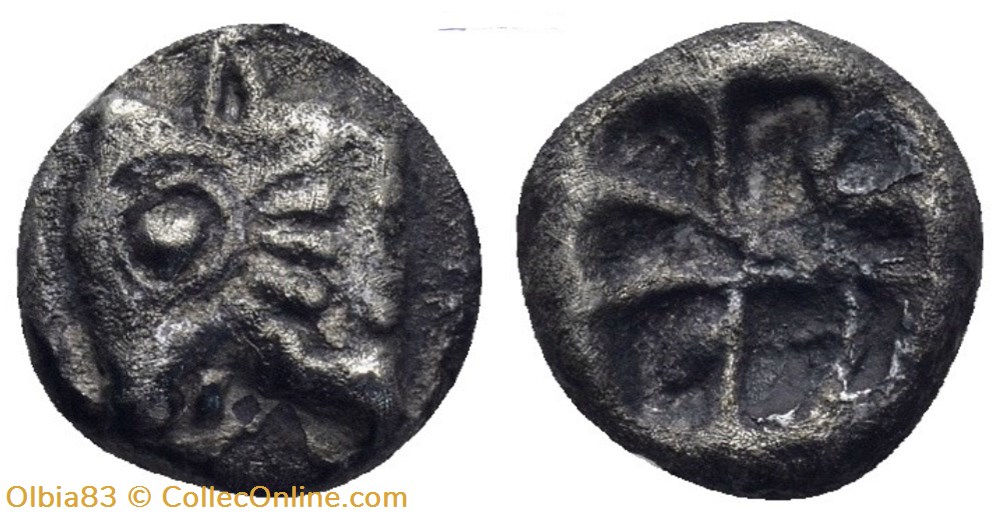 Asie Mineure / Incertaine / Obobe / Tête de taureau - Carré creux multi-divisé. monnaies antiques grecques asie mineure incertaine obobe tete de taureau carre creux multi divise