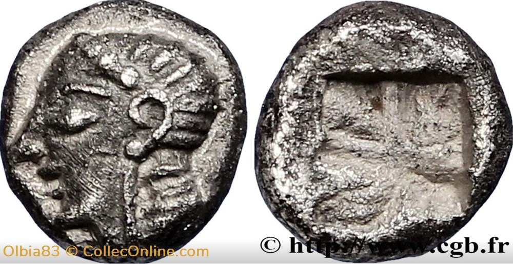 Colophon / Hémiobole / Tête féminine à gauche - Carré creux monnaies antiques grecques colophon hemiobole tete feminine a gauche carre creux